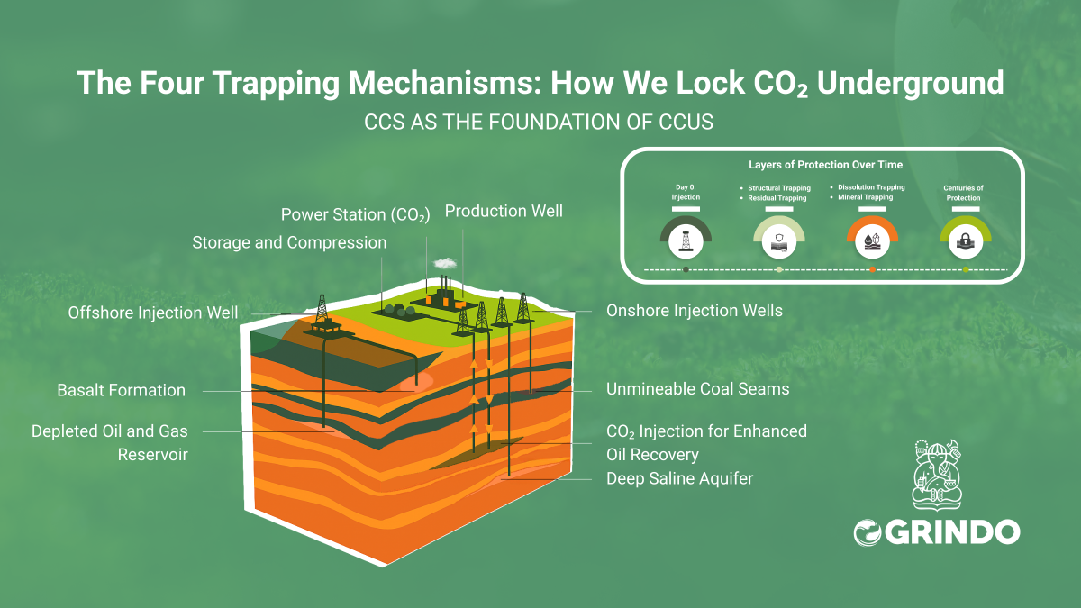 Carbon Capture, Utilization, and Storage (CCUS) in Indonesia explained with trapping mechanisms, global case studies, storage potential, and OGRINDO ITB services to support Net Zero Emission