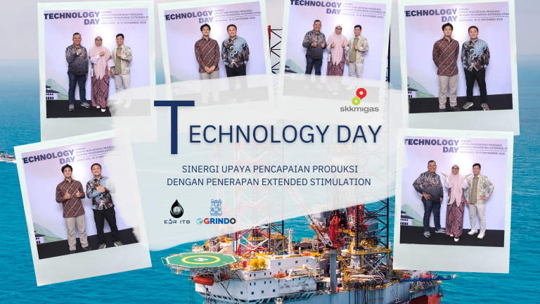 Perwakilan OGRINDO ITB dan Laboratorium EOR ITB berfoto pada kegiatan Technology Day bertema “Sinergi Upaya Pencapaian Produksi dengan Penerapan Extended Stimulation”, diselenggarakan oleh SKK Migas di Bandung pada 19–21 November 2025.