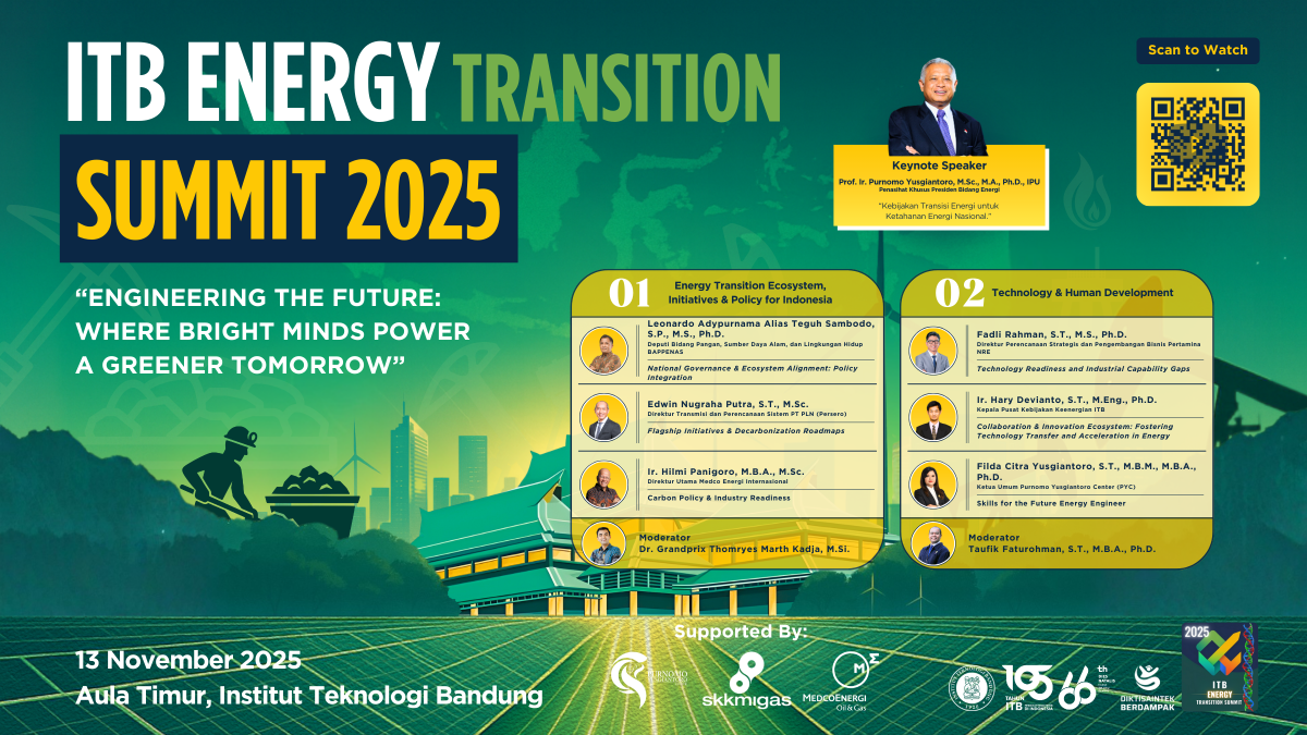 Group photo of keynote speakers, panelists, moderators, and event committee during the ITB Energy Transition Summit 2025 at Institut Teknologi Bandung, showcasing cross-sector collaboration to accelerate Indonesia’s energy transition.