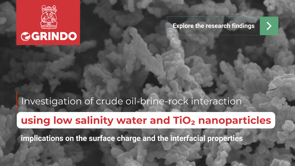 Microscopic background image of TiO₂ nanoparticles with an overlay title: ‘Investigation of crude oil–brine–rock interaction using low salinity water and TiO₂ nanoparticles,’ highlighting research implications on surface charge and interfacial properties. Includes the OGRINDO ITB logo and a call-to-action button that reads ‘Explore the research findings.
