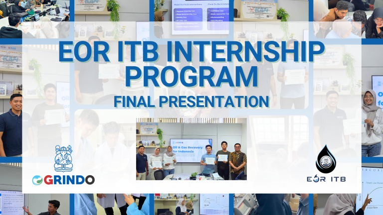 Final Presentation Internship Lab EOR ITB di Gedung Energi ITB, peserta mempresentasikan hasil studi Chemical Enhanced Oil Recovery (EOR) meliputi surfaktan, polimer, dan ASP sebagai bagian dari program hybrid dua bulan.