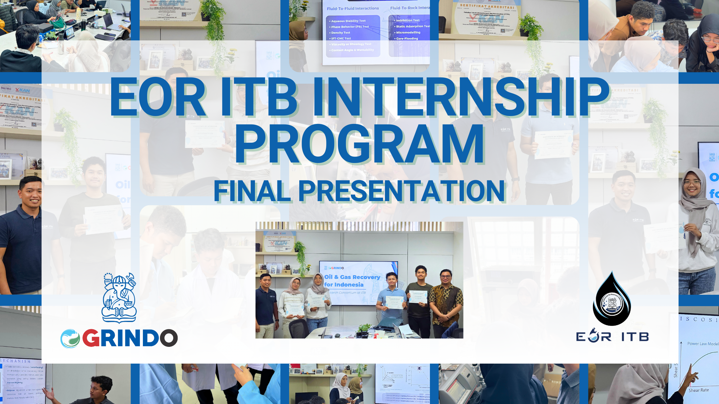 Final Presentation Internship Lab EOR ITB di Gedung Energi ITB, peserta mempresentasikan hasil studi Chemical Enhanced Oil Recovery (EOR) meliputi surfaktan, polimer, dan ASP sebagai bagian dari program hybrid dua bulan.