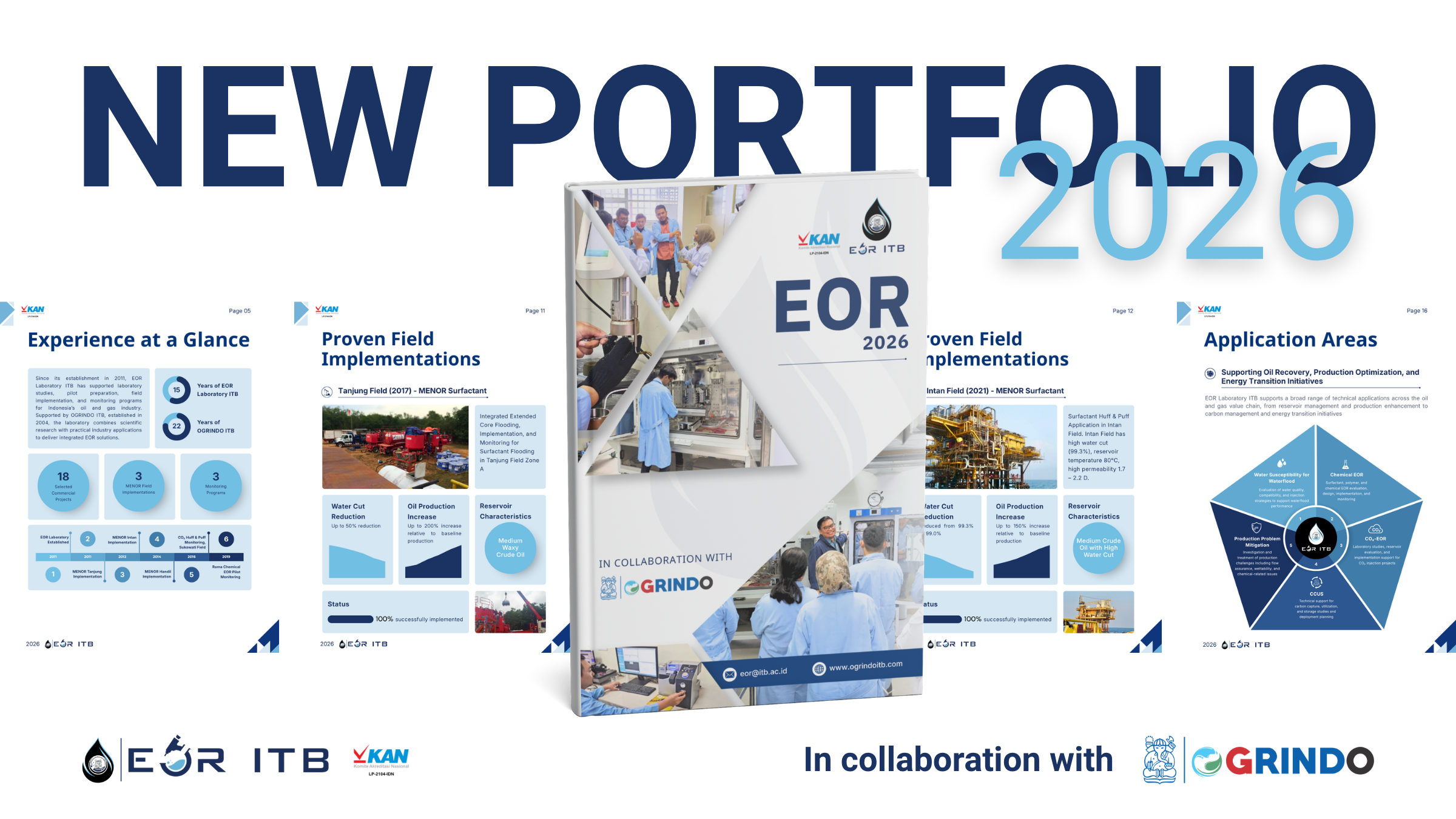 Portofolio EOR Laboratory ITB in Collaboration with OGRINDO ITB 2026 yang menampilkan pengalaman proyek, implementasi lapangan, area aplikasi, dan kapabilitas Laboratorium EOR ITB dalam mendukung proyek Enhanced Oil Recovery.